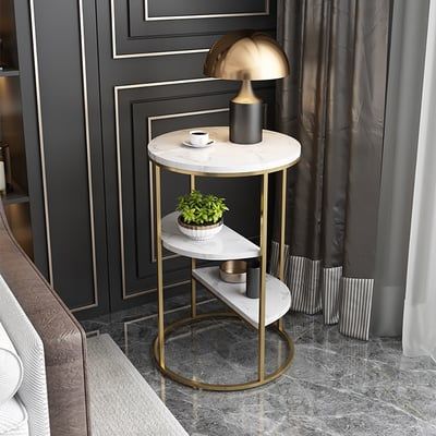 3-Tiered White & Gold End Table with Uv Sheet Top & Metal Frame Side Table | MST-0451