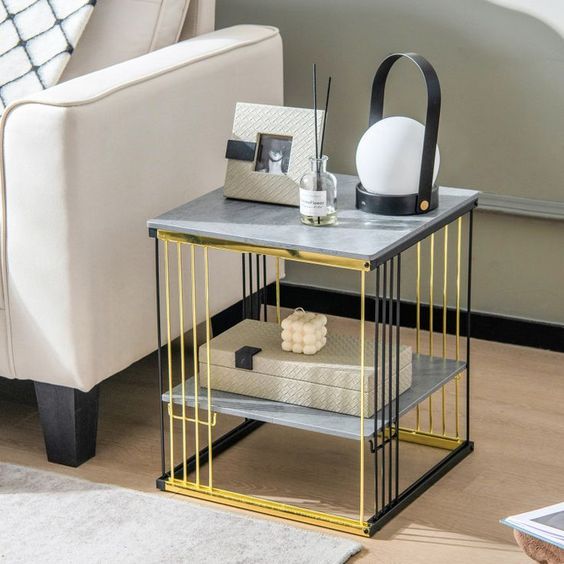 2-Tier Modern Black & Gold Bedside/Sofa Side Table Paint Finish | MST-0253
