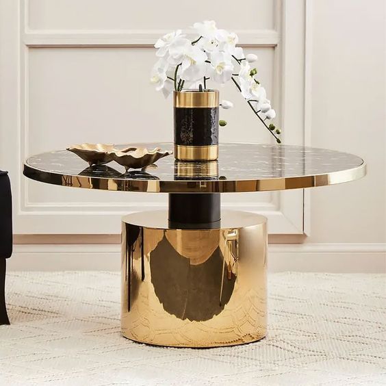 Gold Crom Finish Black & Gold Metal Mdf Top Coffee Table  | MST-0431