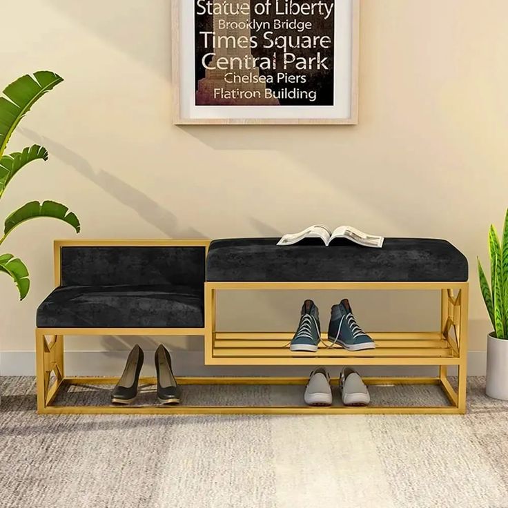 Grey Shoe Storage Bench Hallway Bench Velvet Upholstered with Metal Frame