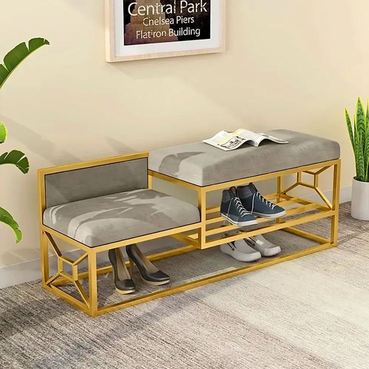 Grey Shoe Storage Bench Hallway Bench Velvet Upholstered with Metal Frame