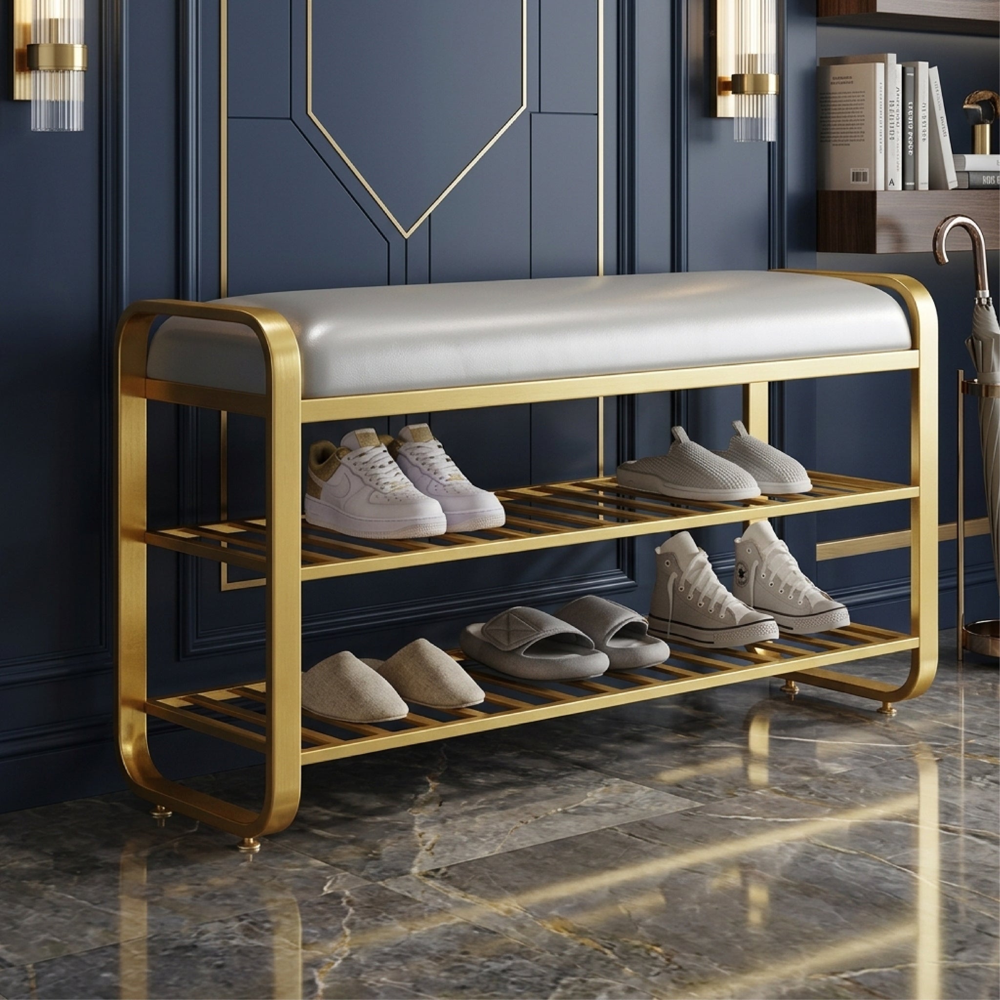Gold 3 Tier Shoe Rack with Comfortable Premium Padded Seat