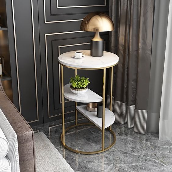 3-Tiered White & Gold End Table with Uv Sheet Top & Metal Frame Side Table | MST-0451