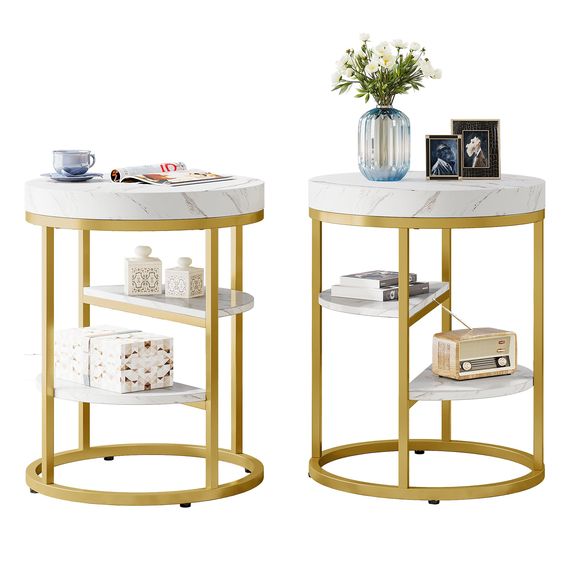 Round End Table, Small Side Table Nightstand with 3-Tier Shelves  | SST-5028