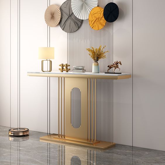 Modern Narrow Console Table with Pedestal in White & Gold for Entryway | MSCT-1015