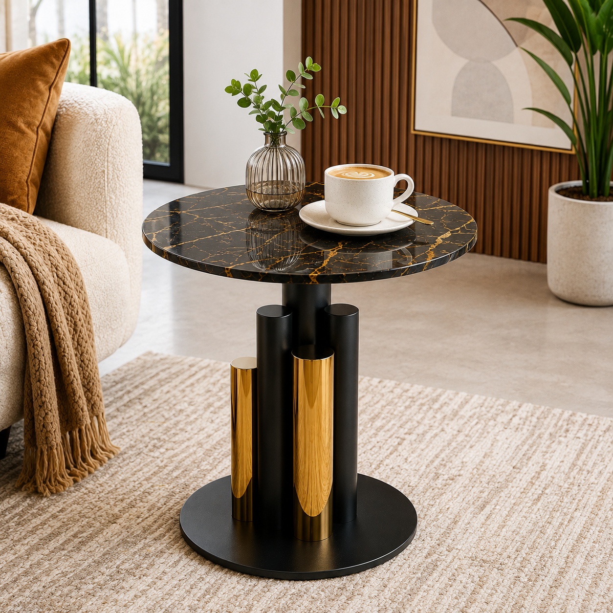 Black and Gold Round Side Table Luxury Living Room Furniture