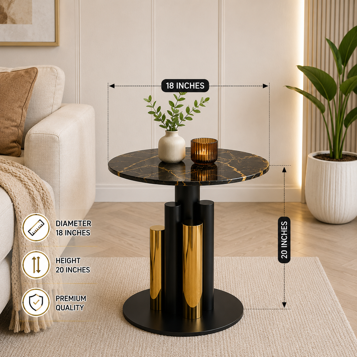 Black and Gold Round Side Table Luxury Living Room Furniture