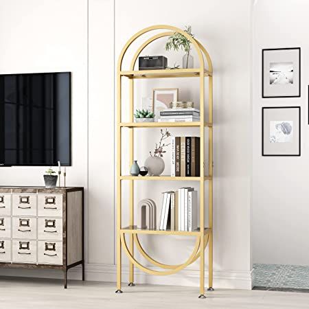 Gold Bookshelves with Cralic Shelves Storage, Modern Gold Bookcase with 4 Tier