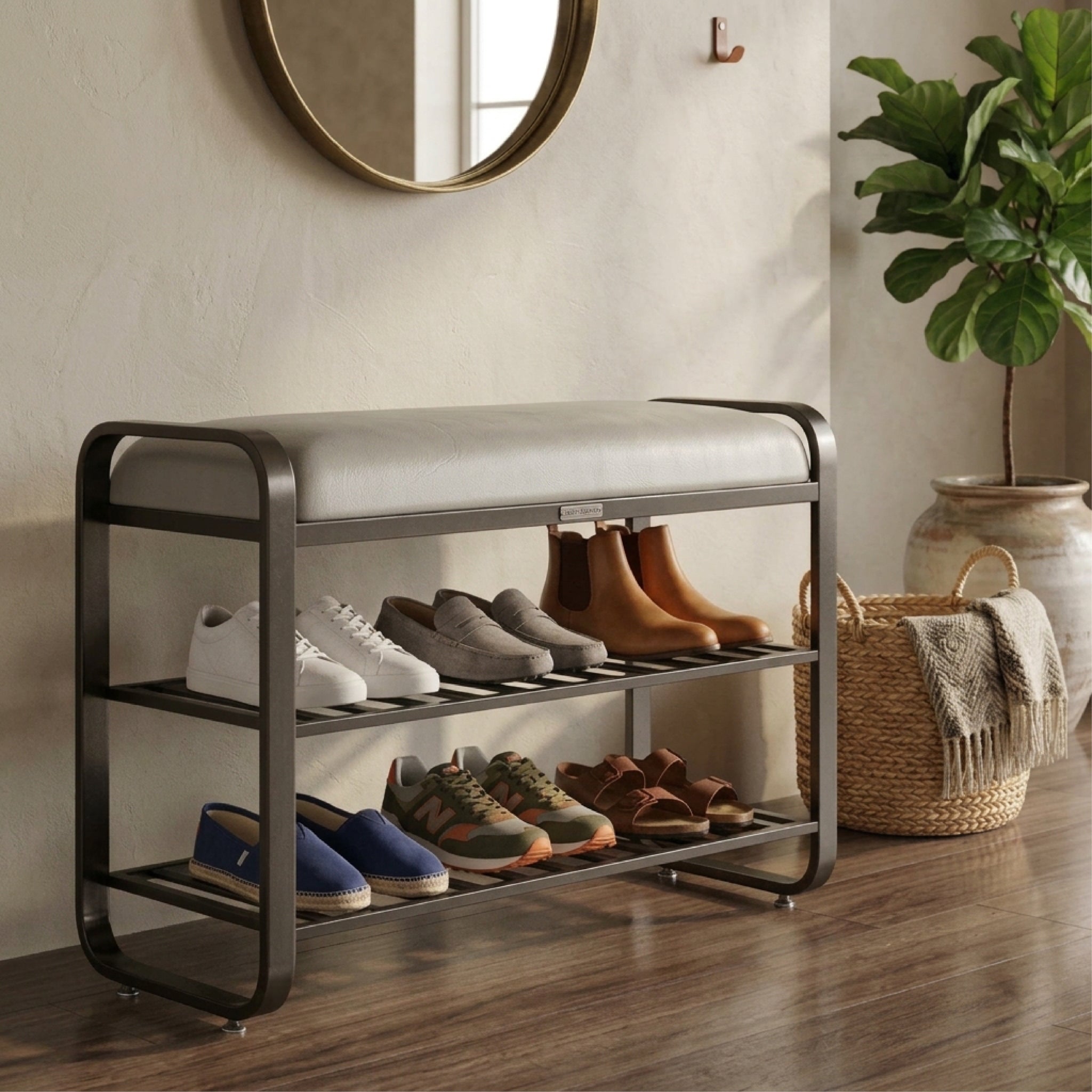 Gold 3 Tier Shoe Rack with Comfortable Premium Padded Seat