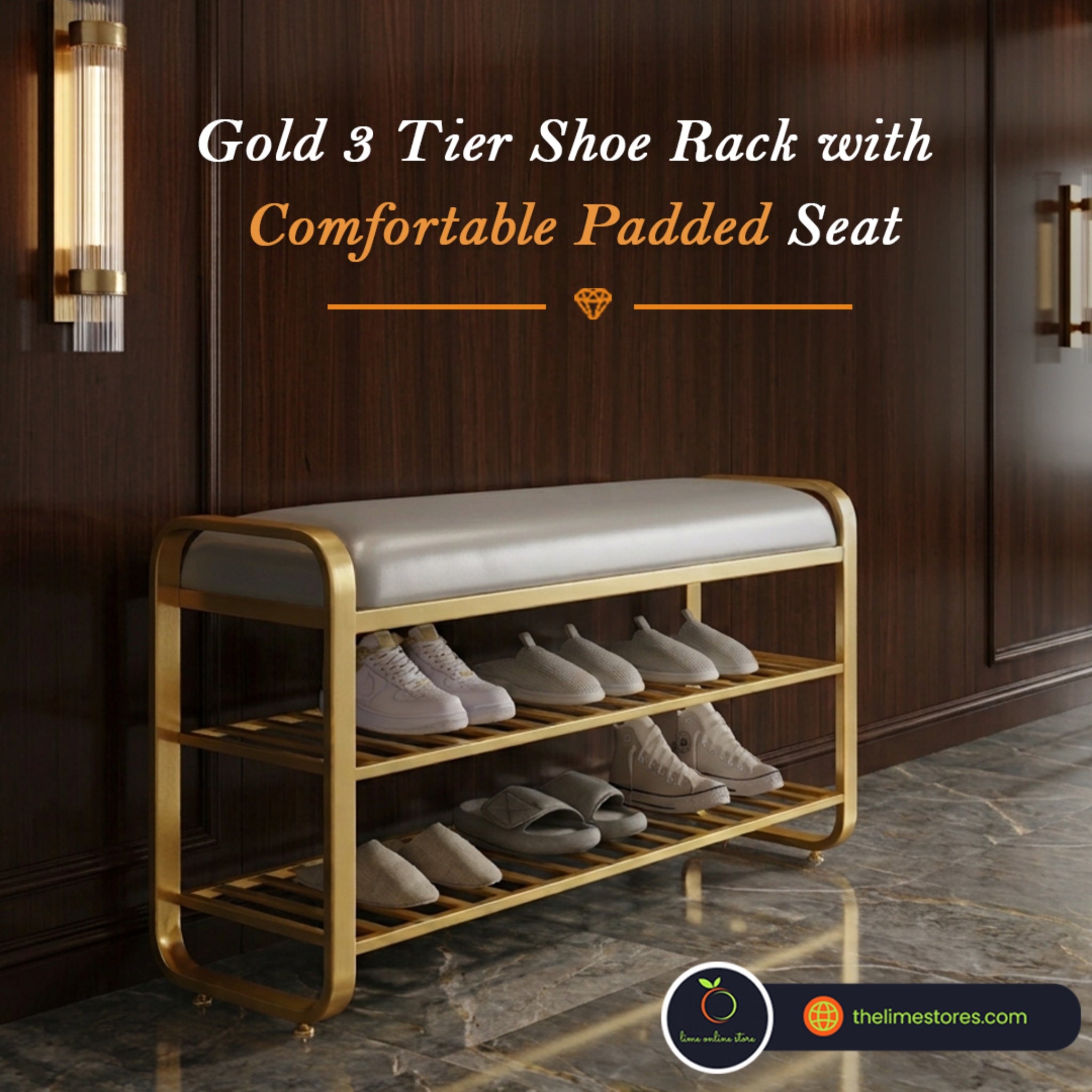 Gold 3 Tier Shoe Rack with Comfortable Premium Padded Seat