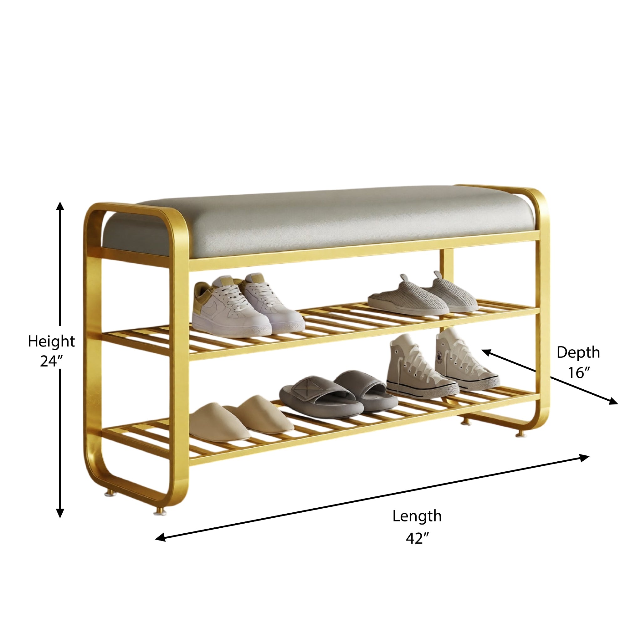 Gold 3 Tier Shoe Rack with Comfortable Premium Padded Seat