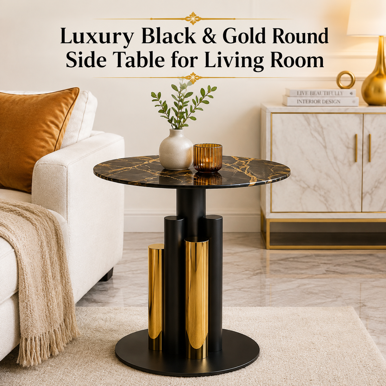 Black and Gold Round Side Table Luxury Living Room Furniture