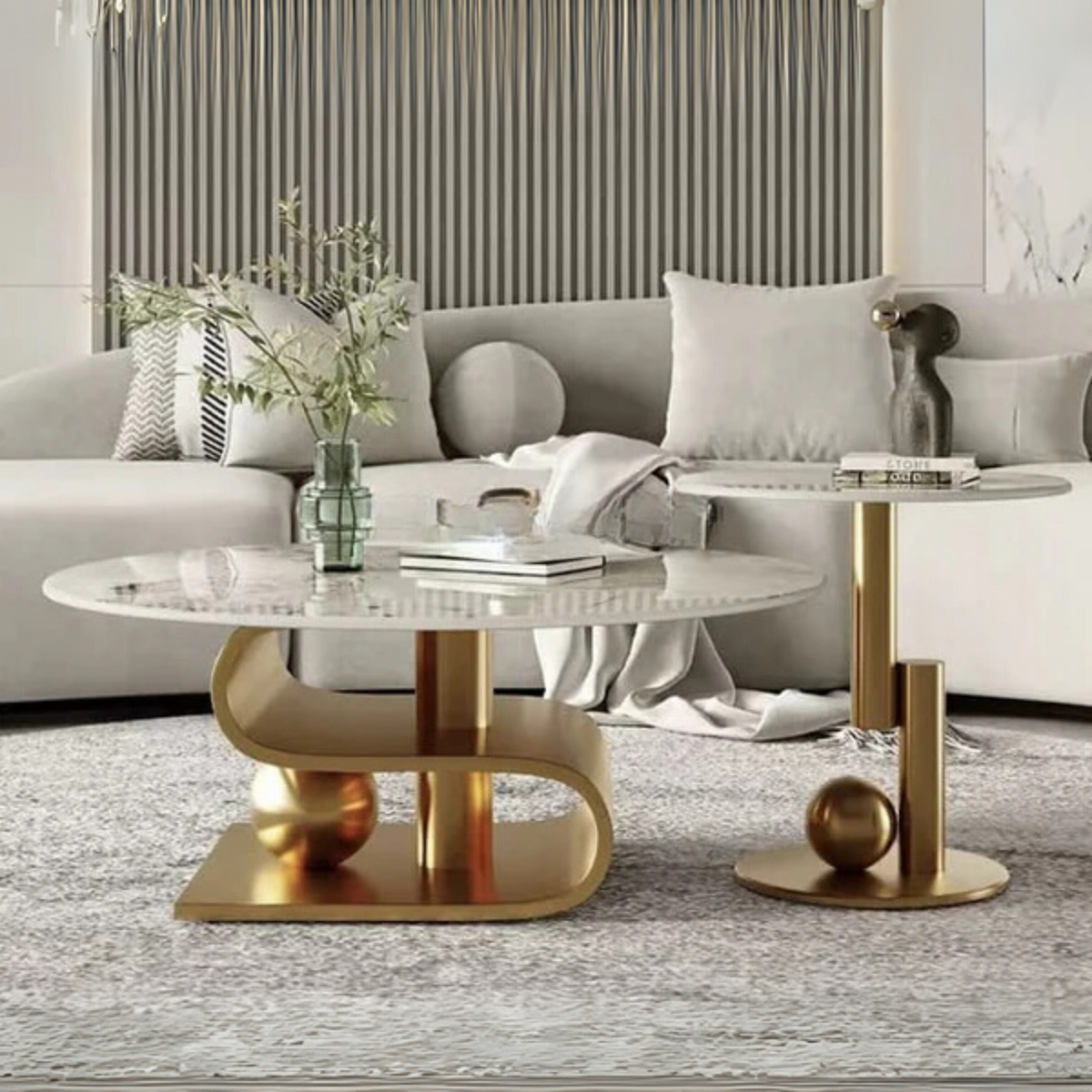 Stainless Steel Luxury Pedestal Coffee Table with Slate Table Set | SST-5076