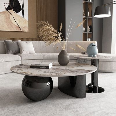 Stainless Steel Modern Design Gold Round Coffee Table With Slate Table Electroplated Finsh (2.P Set) | SST-5075