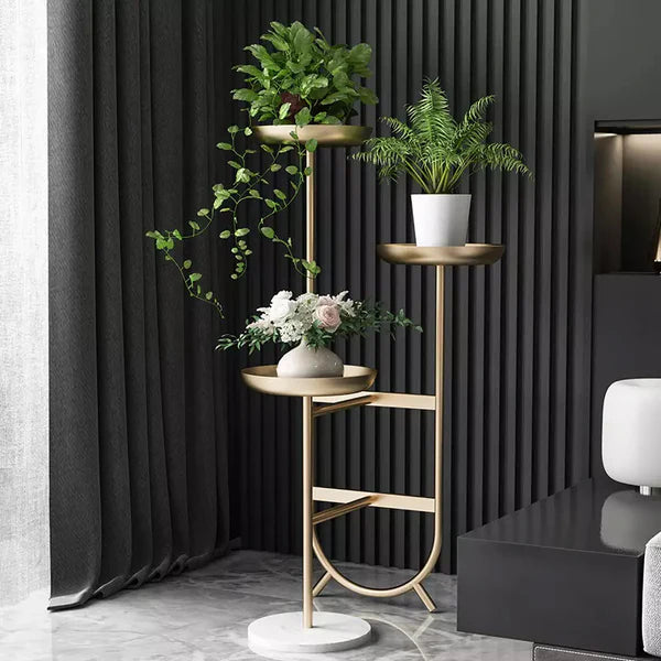 3-Tier Tall Metal Plant Stand Chic Unique Shaped Planter in Gold with 3.P Artificial Plant Pots | MSPS-0103