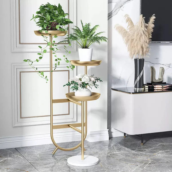 3-Tier Tall Metal Plant Stand Chic Unique Shaped Planter in Gold with 3.P Artificial Plant Pots | MSPS-0103