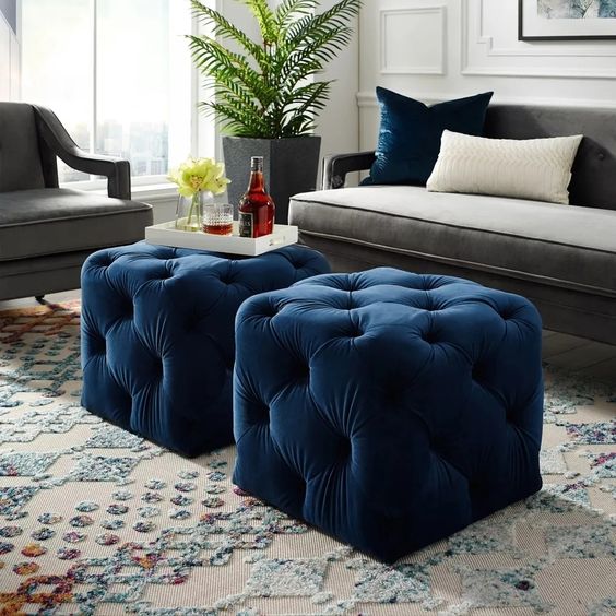 Blue Square Ottoman Stool Velvet Upholstered Ottoman