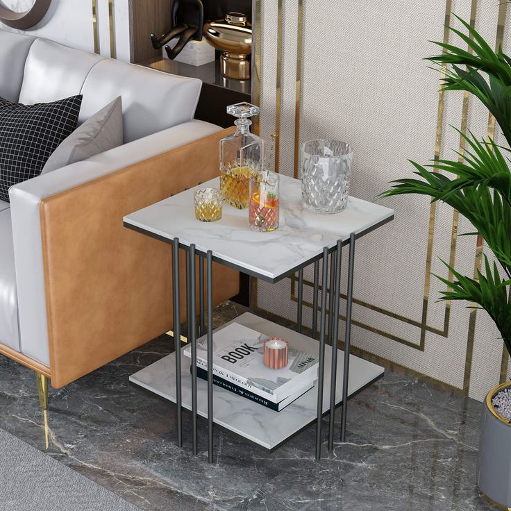 Mdf Top Side Table Gold: 2 Tier Square Table | MST-0401