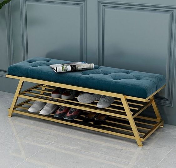 Modern Shoe Bench Entryway with Storage,2 Tier Metal Shoe Rack Organizer,Luxury Porch Tufted Shoe Storage Bench for Bedroom Hallway-Green