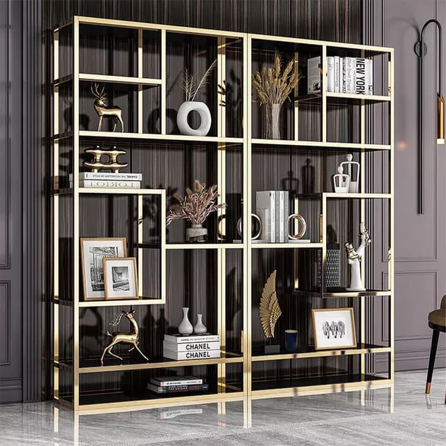 Gold Bookshelf, 8 Open Shelves Etagere Bookcase with Faux Mdf, Modern Display Shelf Storage Organizer for Home Office