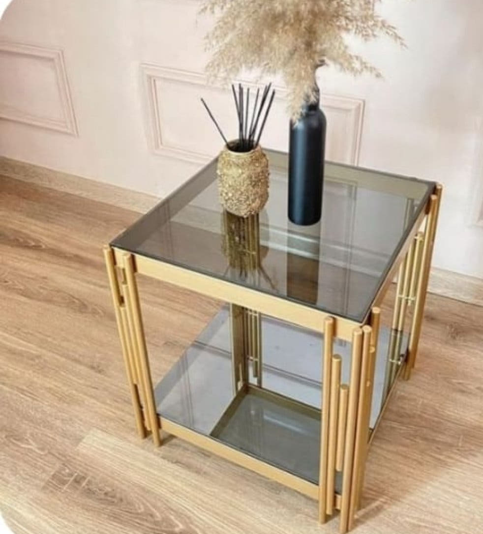 Gold Side 2-Tier Table With Glass Top | MST-0140