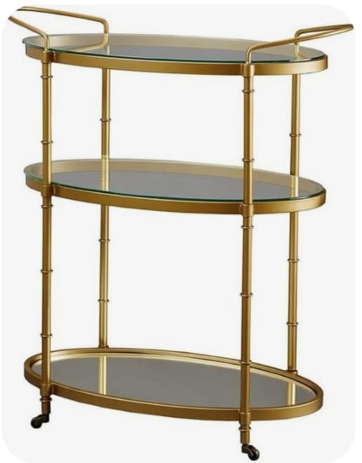 Stylish Tea Trolly - Metal Base, Antiqued Mirror Serving Shelf on Wheels, Paint Finish