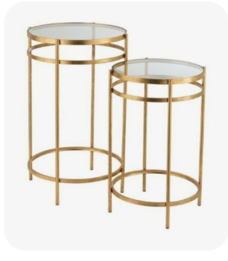 Gold Glass Nesting Side End Tables Set of 2, Round Small Stacking Drink Coffee Table | MST-0219